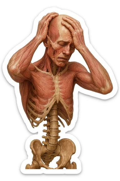 CORPO UMANO ANATOMICO con spina dorsale in evidenza, molto stanca e stressata mentre si tiene le mani sulla testa, IPERREALISTICO 4K sticker