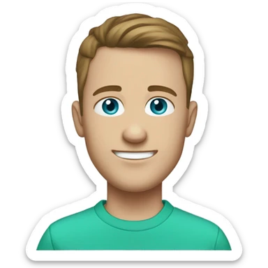 Smiley male with skin fade brown hair and a pale complexion with a few freckles. Blue eyes, wearing a turquoise green hoody sticker