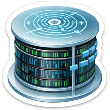 An icon featuring stacked server disks, a digital network grid, and binary code, symbolizing databases. The design includes data flow arrows, representing storage, organization, and retrieval of information. Transparent background highlights data-driven technologies. sticker