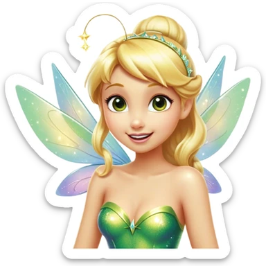 Cinematic Realistic Blonde Tinker Bell Fairy Portrait, head tilted dramatically with an exaggeratedly amused expression, featuring a striking, lively pixie form with radiant golden blonde hair and luminous, iridescent wings dusted with playful sparkles. Her expressive eyes brim with cheeky mischief, rendered with vibrant, lifelike textures and dynamic natural lighting that imbues the scene with an air of magical whimsy and over‐the‐top fairy fun. sticker