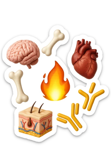 EMOJI STILE IPHONE 3D DI cervello, ossa, cuore, porzione di epidermide e cellule di anticorpi che girano in tondo, al centro di questi elementi c'è una fiamma 3d  FALLO MOLTO REALISTICO IN 3D sticker