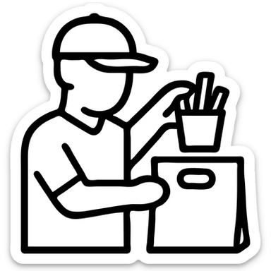man putting fries in a brown paper bag, simple icon style sticker