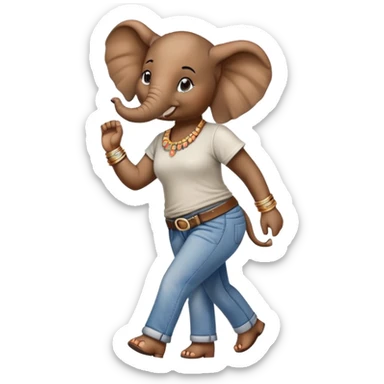 female anthropomorphised elephant in jeans and t-shirt, walking upright, wearing bangles and earrings sticker