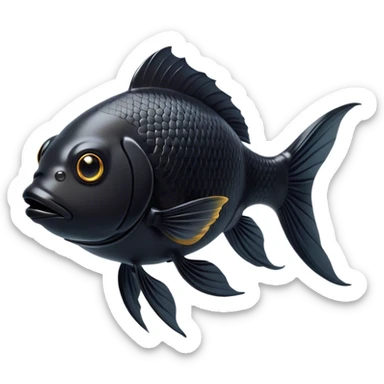 Cinematic Noble Black Goldfish Portrait Emoji, Poised and regal, with a sleek, streamlined build and a lustrous, deep black body, deep-set soulful golden eyes, Simplified yet sharp and sophisticated features, highly detailed, glowing with a soft, dignified glow, high shine, intelligent and graceful, stylized with an air of aquatic elegance, focused and attentive, soft glowing outline, capturing the essence of a watchful and confident aquatic companion, so majestic it feels as though it could glide out of the screen with effortless authority! sticker