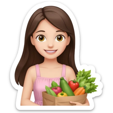 pretty smiling long brunette hair girl hazel eyes wearing light pink dress holding groceries sticker