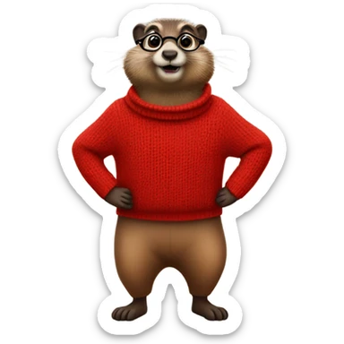 cute groundhog in a fully red sweater and glasses full body shown sticker