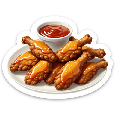 Cinematic crispy chicken wings, golden-brown and glazed with spicy sauce, crunchy coating, juicy inside, piled high with dipping sauce on the side, ultra-realistic and mouthwatering, inviting and bold. sticker