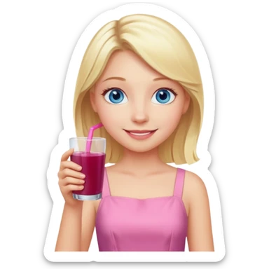 blonde girl with blue eyes in a pink dress drinking elderberry juice smiling sticker