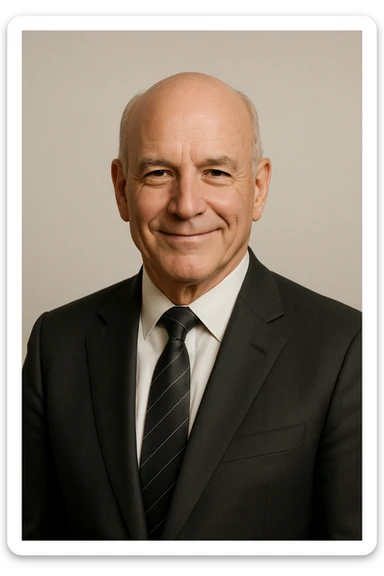 old bald professional man, suit and tie, confident smile, minimal background sticker