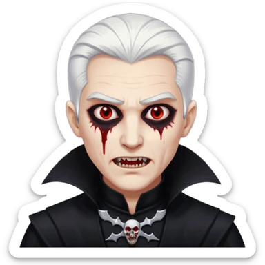 Creat a young man Vampire with white skin and white hair "make him have slide back hair" and full black vampire clothes and bloody eyes and long fangs and scary dead eyes sticker