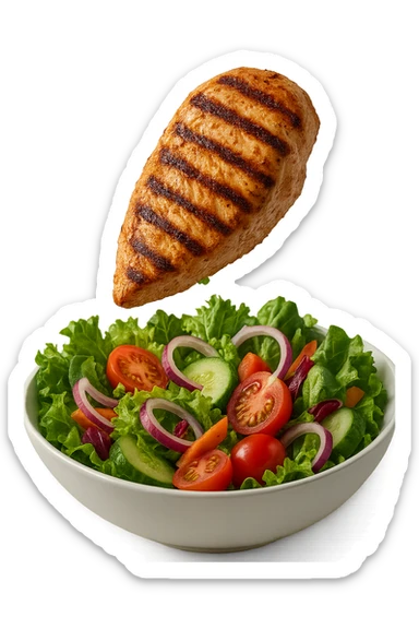 INSALATA CON PETTO DI POLLO GRIGLIATO CHE CADE DALL'ALTO, IPERREALISTICO 4K sticker