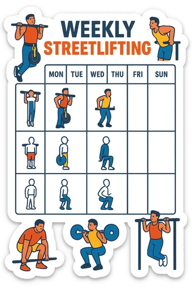 a streetlifting training sheet with icons for each exercise—weighted pull-ups, weighted dips, squats, muscle-ups—organized in a weekly schedule. Around the sheet, small illustrations show athletes performing each movement with proper form. The color palette is bold and energetic, and the background is clean and minimal. sticker