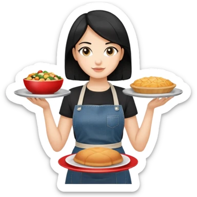 waitress with black hair and a food plate with a black tshirt and ª jeans apron. with a bigger plate and the plate with a cover  sticker