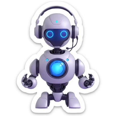 robot-like autonomous AI agent with metallic finish, glowing blue eyes, wearing headset, holding digital orb sticker