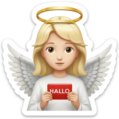 "An angel emoji with blonde hair, a halo, wings, holding a 'COMPARTILHAR' sign in bold letters." sticker