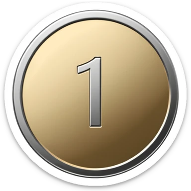 Emoji icon of a metal coin with engraved number 1, minimalist style, isolated, only metal color sticker