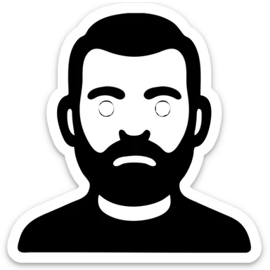 A middle-aged man with a medium slightly gray beard, short hair cut to the scalp on the sides and combed back on top, blue eyes sticker