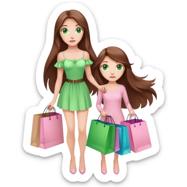 pretty white woman with very long brown hair and green eyes and light pink outfit holding a ton of shopping bags sticker