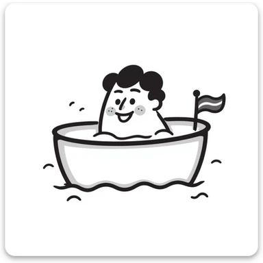 A hand-drawn bath toy boat with a silly grinning face and little flag sticker