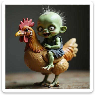 a realistic green baby zombie riding a chicken, lifelike, expressive, dynamic pose sticker