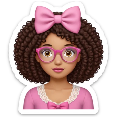 medium-light kinned afro-latina girl with medium length chocolate brown side part curly hair, small pink bow , with brown glasses, brown eyes, pink and white sweetheart necklined top with lace, round wide-ish nose, ob-long face sticker