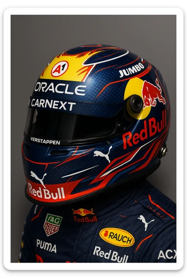 Formula 1 helmet inspired by Max Verstappen, with all sponsor logos and authentic color palette, realistic and dynamic, detailed motorsport helmet, professional look. sticker