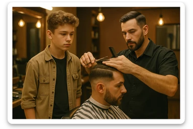 sartaroshxonada ishlayotgan o'smirin bola usta soch olayotganini kuzatib turibdi sticker