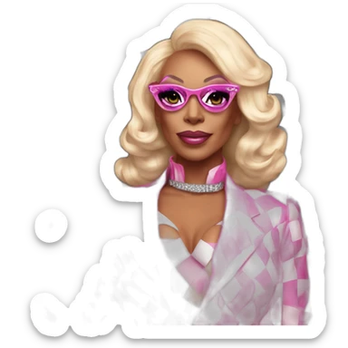 Drag queen rupaul charles. She is wearing a pink racing suit, and holding a black and white checkered flag sticker