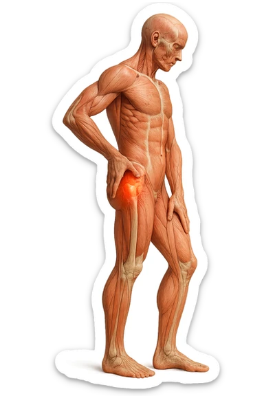 CORPO UMANO ANATOMICO DI PROFILO A FIGURA INTERA REALISTICO CHE SI TOCCA L'ANCA INFIAMMATA, DOLORE ALL'ANCA, IPERREALISTICO 4K sticker