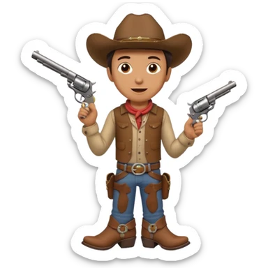 A young cowboy with oversized boots, excited expression, and a tiny toy revolver.
 sticker