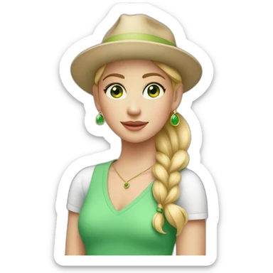 A young girl with green eyes and blond hairs in a ponytail with big earrings and wearing chic clothes and a hat  sticker