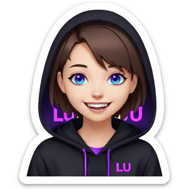 brown haired girl with a bob and blue eyes wearing black hoody with violet letters "Lu", laughs. Cyberpunk style. Violet neon. sticker