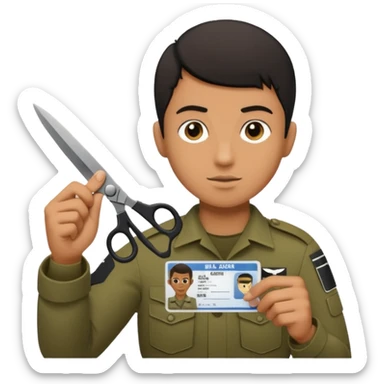 Floating black Scissors cutting in half an idf soldier ID card with a little chip in 2 parts .hyper realistic sticker