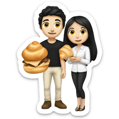 Cute girlfriend black hair and white skin with her boyfriend eating a croissant sticker