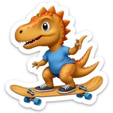 Dinosaur skateboarding at the skate park wearing a t-shirt and doing six seven sticker