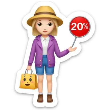 Person who is waiting the sale promotion with 20% off sign, wearing cute outfit sticker