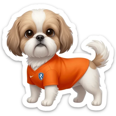 white and light brown shih zhu wearing a Netherland soccer jersey v neck 2026 work cup sticker