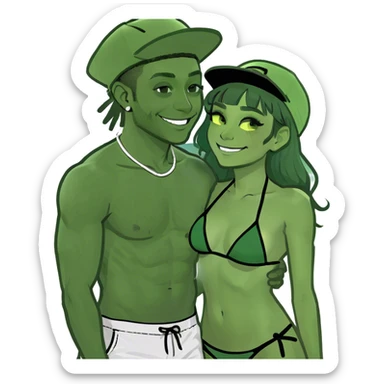 Hyperrralistic photo realism 4k shot of internet celebrity lovers Tefi Valenzuela in bikini and Josh king Madrid in backwards hat and neon shorts on beach laying down cuddling sticker