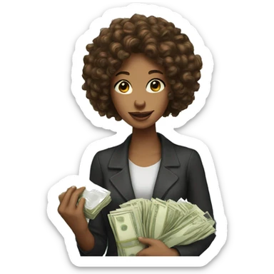 woman with brown curly hair holding lots of money sticker
