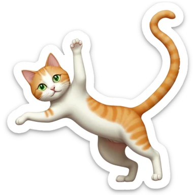 ginger and white cat with green eyes doing a big extremely long stretch reaching up into the air with arms and legs side by side together straight and overextended whilst lying on its side sticker