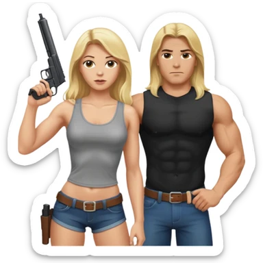 A blonde sexy woman with long hair pointing a gun at a tall muscle guy with braun hair  sticker