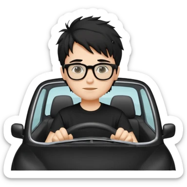 generate a pretty bratz fair skinned boy with black messy hair wearing a black tshirt driving. Glasses on.  sticker