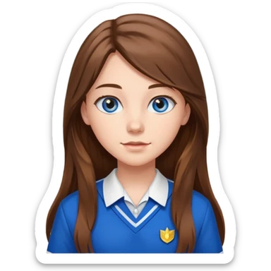 high school class room with a pretty female high school student with long brown hair, blue eyes sticker