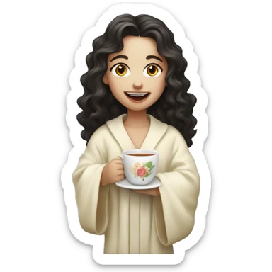 a girl with pale skin, long curly dark hair, drinking tea, with a robe on, sticking her tongue out happily sticker