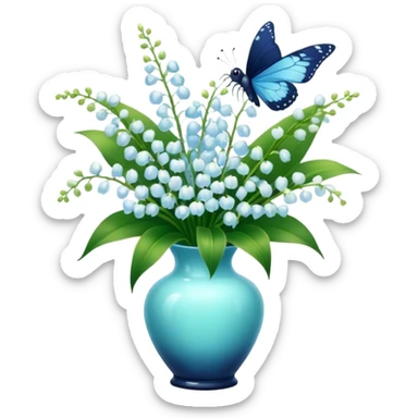 Aesthetic butterfly with blue light and navy wings sitting on a dark green bouquet of lily of the valley in a pastel blue vase sticker