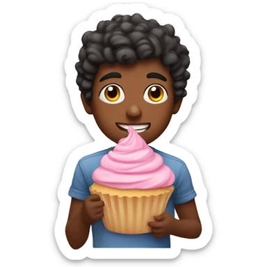 Boy eating pastel pink cupcake with berries sticker