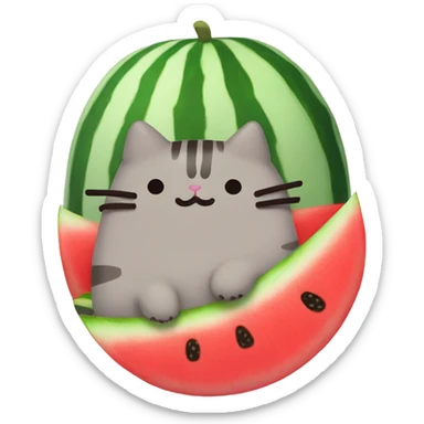 A pusheen with a watermelon on top of it head it head  sticker
