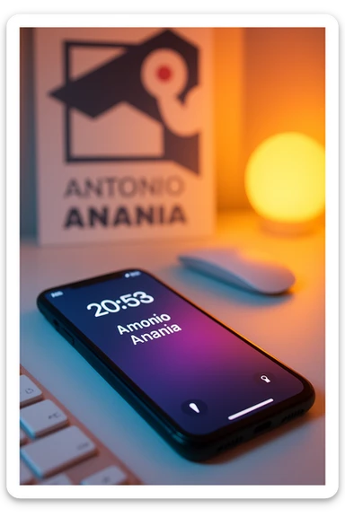 A photo of an iPhone on the desk with the message "Antonio Anania" on its screen, The phone sits atop a desk with a blurred with the logo in the background that suggests work environment. A faint glow from above casts gentle shadows across the surface of each object, creating depth and highlighting their textures sticker