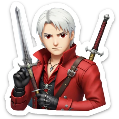 Dante from Devil May Cry with white hair, red coat, sword and pistols sticker
