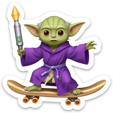 yoda in a purple robe using a rocket as a skate sticker
